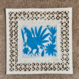 Papel Amate Wall Art with Turquoise Otomi Embroidery 16″ x 16″