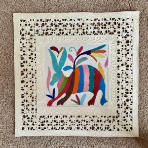 Papel Amate Wall Art with Otomi Embroidery 16″ x 16″ Colorful Aardvark Design $60.00