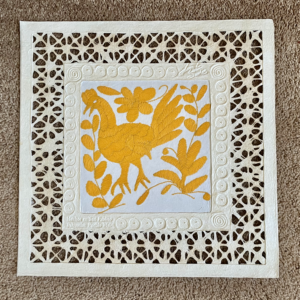 Papel Amate Wall Art with Otomi Embroidery 16″ x 16″ Yellow Embroidered Rooster