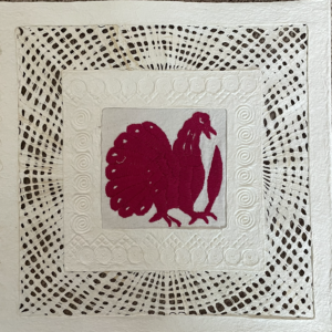 Papel Amate Wall Art-With Otomi Embroidered Red Rooster-12″ x 12″-30.00
