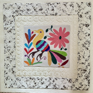 Papel Amate -Unframed with Otomi Embroidery-16″ x 16″ -Bird Design $60.