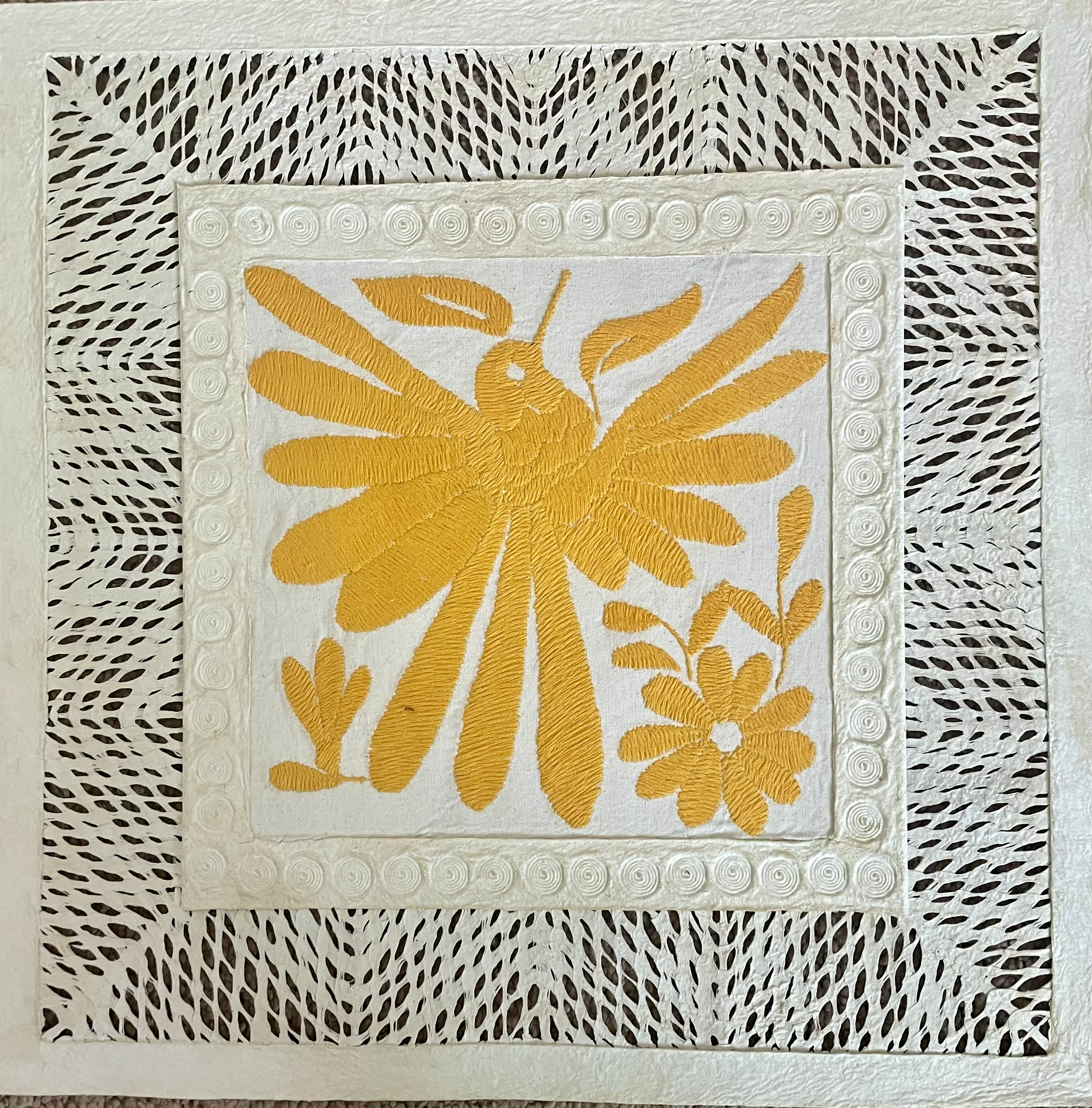 Papel Amate Wall Art 16" x 16" Otomi Embroidered Yellow Bird Encased in Papel Amate