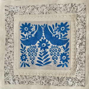 Papel Amate -Unframed with All Blue Otomi Embroidery-32″ x 32″ -Bird Design-$175